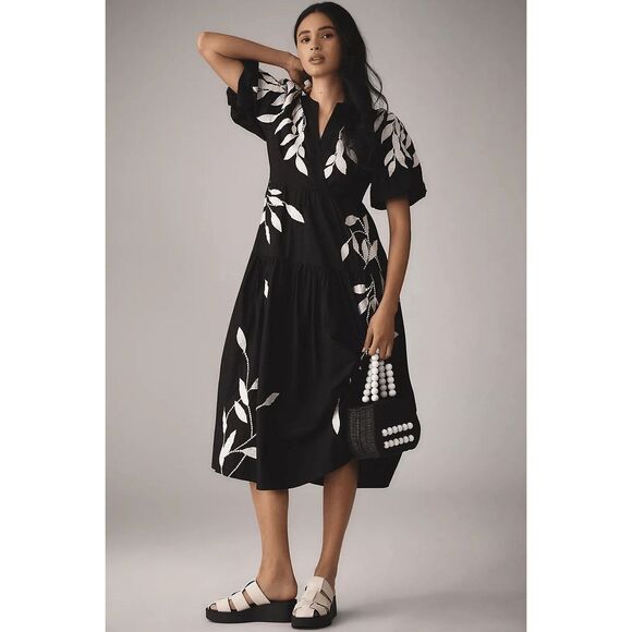 Anthropologie Short-Sleeve Embroidery Applique Midi Dress Small S NEW - Picture 1 of 3